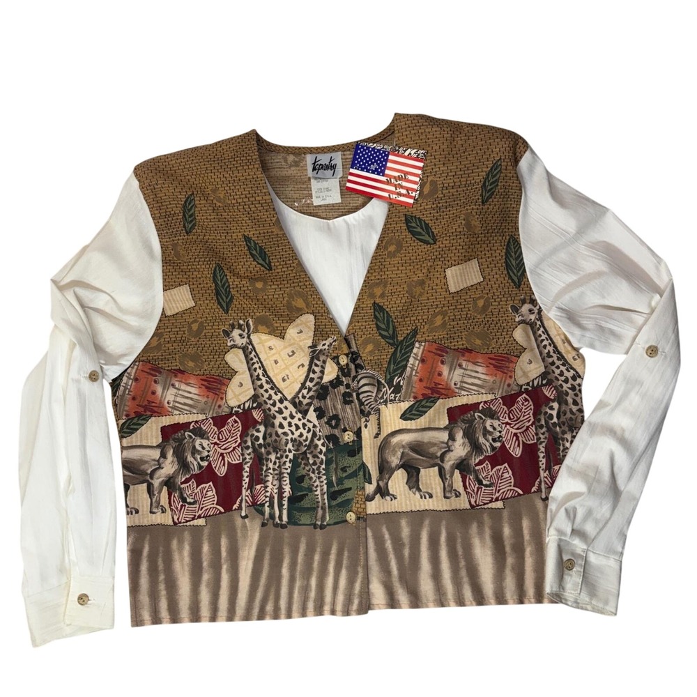 Tapestry‎ Vintage Safari Animal Print Vest & Attached Top Giraffe Lion Art Retro